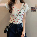 Bubble BM Broken Flower T-Shirt New Short Ins Lace Korean Version Sweet Renoval Sweet Sleeve