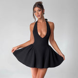 Spring And Summer New Sexy Deep V Hanging Neck Dress Solid Color Sleeveless Waist Thin Dress