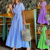 Toloer Spot 2024 New Fashion Stripe Short Sleeves Loose Medium And Long Dress-Outfit