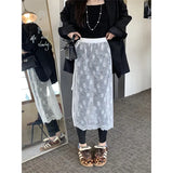 Korean Fashion Hollow Out Apron Skirt Women 2024 New Trend Mesh Bow Pattern See Through Overskirt Y2k Chic A-line Skirts-Outfit