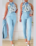 Print Tank Top & High Waist Pants Set With Belt Women Flower Two Piece Set Halter Bow Crop Top Harem Trousers Summer-Outfit