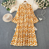 Light Extravagant Temperament Horn Long Sleeved V Collar Loose Thin Single Breasted Printed Dress Elegant Long Skirt-Outfit