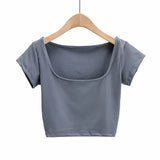 Summer New INS Tight Square Collar Short-Sleeved T-Shirt With Bottom Ultra-Short Exposed Collarbone High Waist Navel Blouse-Outfit