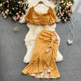 Women Summer Korean Dot Vacation Set Elastic Ruched Puff Sleeve Short Tops+Irregular Ruffle Long Skirt Two Piece