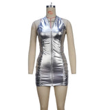 Toloer Selling Female 2024 Winter New Pure Color Pleated Sexy Hanging Neck Zipper Slim Wrap Hip Dress Women's Dress-Outfit