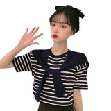 Red Fashion Short-Sleeved Knitted Shirt 2025 New Ocean Shawl Fake Two T-Shirt Striped