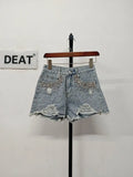 Women's Short Jeans High Waist Distressed Diamonds Tassel Loose Wide Leg Luxury Denim Shorts 2024 Summer Fashion 29L1776-Outfit