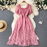 Sweet Floral Dress Women Green Square Collar Short Sleeve A-line Dresses Summer Bohemian Print Beach