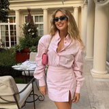Toloer Women's New Commuter Lapel Long Sleeve Striped Shirt Wrapped Hip Skirt Fashion Office Suit-Outfit