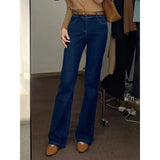 Girls Blue High Waist Microhorn Jeans Women's Autumn Edition Thin Straight Horseshoe Long
