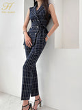 Han Queen 2023 Autumn Occupation Plaid 2-Piece Suit Women Elegant Double-Breasted Lace-Up Top & Simple Pants Korean Casual Set-Outfit