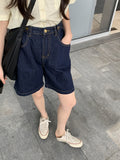 Toloer Blue Jeans Five Minutes Shorts Female Summer Plus Size Fat Sister Show Thin Show Tall And Versatile Wide Legs High Waist A Line Pants-Outfit