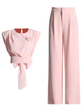 Toloer Commuter Style Formal Sense Suit 2024 Autumn New Round Collar Bow Splicing Jacket Waist Trousers Women-Outfit
