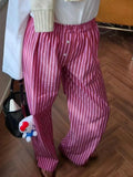 Women's Y2K Retro Vintage Casual Striped/Solid Long Pants Button Elastic High Waist Aesthetic Loose Straight Trousers-Outfit