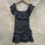 Black Elegant Dress For Women Square Collar Sleeveless High Waist Asymmetrical Dresses Female 2021 Fashion