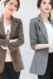Vintage Office Lady Notched Collar Plaid Women Blazer Single Button Autumn Jacket 2023 Casual Pockets Female Suits