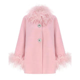 Feather Collar Cape Rhinestone Buttoned Coat-Outfit