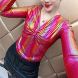 Glossy Contrasting Colors Slim T-shirt 2023 Spring Autumn Long Sleeve Female Clothing Sexy V-Neck Stylish Folds