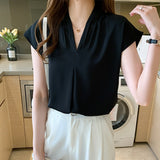 Blouses Short Sleeve White Blouse Summer Tops Blouse Women Blusas Mujer De Moda 2021 V-Neck Chiffon Blouse Shirt