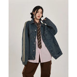 Spring Korean Casual Style Baggy Blue Stripes Denim Jacket Women's Fashion Streetwear Style Oversized Y2K Loose Jean Coat-Outfit