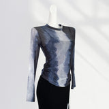 Toloer Waist Pleated Mesh Long Sleeve T Shirt Women's Thin Perspective Dizzy Dye Sunscreen Smock Hot Hot Hot Girl Top