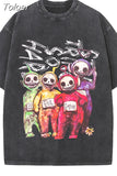 New Water Wash Y2k Harajuku T-shirt Anime Skeleton Printed Cotton T-shirt Kawaii Women's Goth Old Craft Short Sleeve