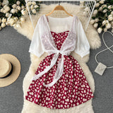 Toloer Small Pure And Fresh Broken Flower Condole Belt Skirt Chiffon Small Shawl Female Summer Two Set