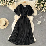 Pleated Dress Women Short Sleeve V Neck Solid A-line Dresses 2022 New Summer Chiffon Vacation Beach