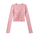 Fashion Women's Fashion Spring New Sexy Spice Girl Slim And Thin T-Shirt With V-Collar Pleated Long Sleeves-Outfit