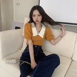 Retro Bubble Sleeve Knitted T-Shirt Women Design Small Short Top Summer New Ice T-Shirt