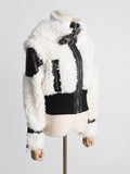 Toloer Autumn / Winter New Niche Fashion Design Sense Pu Skin Splicing Short Lamb Wool Jacket Fashion Coat Female-Outfit