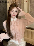 Women Shirts Ruffles Patchwork Stand Collar Winter French Style Flare Long Sleeve Blouse Female Elegant Sweet Tops-Outfit