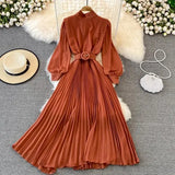 VAREY LIN New Spring Pleated Dress Women Elegant Stand Collar Solid Color Long Dress with Belt Lady Fashion Chiffon