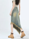 Toloer High Waist A-Line Denim Skirt Skirt Female Spring And Autumn Irregular Design Sense Long Skirt Small Tassel