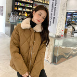 Design Sense Splicing Lamb Wool Collar Light Diamond Cotton Clothes Female Autumn And Winter New Korean Version Of Chic Casual Warm Cotton-Padded Jacket-Outfit