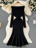 Neck Solid Sexy Sweater Dress 2022 Women Mermaid Long Sleeve Maxi Long Dress Autumn Streetwear Knitted Bodycon