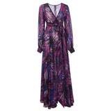 Spring Summer New Women's Dress V Collar Lantern Sleeve Red Leaf Print