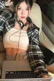 Crop Tops Blouse for Women Korean Casual Plaid Shirts High Waist Long Sleeve Loose Blouses 2023 Blusas Mujer De Moda