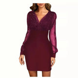 Toloer Women's New Mesh Patchwork Sexy Vintage Elegant V-Neck Party Club Dress-Outfit