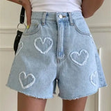 And Cute Hairy Heart Pattern Denim Shorts Women's Summer New High-Waisted Loose Thin Leg