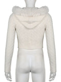 Sweet Furry Trim Hooded Knitted Cropped Cardigans Slim Zipper Long Sleeve Sweaters Women 2023 Autumn Winter Fashion Lady-Outfit