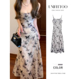 Chinese Ink Butterfly Print Sling Dress Summer Women's Holiday Style Body Bagg Hip Dress Chiffon