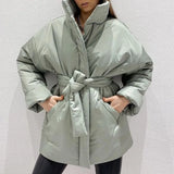 Stand Collar Parkas Women Fashion Tie Belt Loose Coats Women Elegant Spring Casual Long Cotton Jackets Female