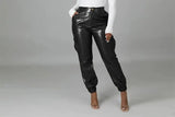 Women PU Leather Autumn Fashion Elegant Office Casual Loose Harem Leather Pants Elastic High Waist Female Long Trousers-Outfit