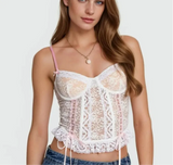 White Lace Pink Bow Strap Corset Top-Outfit