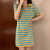 Version Of Temperament Striped T-Shirt Dress Retro POLO Received Waist-Skinny Straight Dress Summer Dress