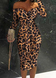 Winter Brown Leopard Print Party Sweetheart Long Sleeve Midi