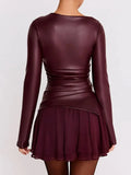 Faux Leather Long Sleeve Ruched Top-Outfit