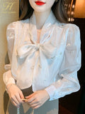 Han Queen Autumn Puff Sleeve Office Blusas Lace-Up Bow Vintage Embroidery Tops Chiffon Blouses Women Long Sleeve Casual Shirts-Outfit