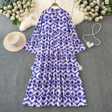 Light Extravagant Temperament Horn Long Sleeved V Collar Loose Thin Single Breasted Printed Dress Elegant Long Skirt-Outfit